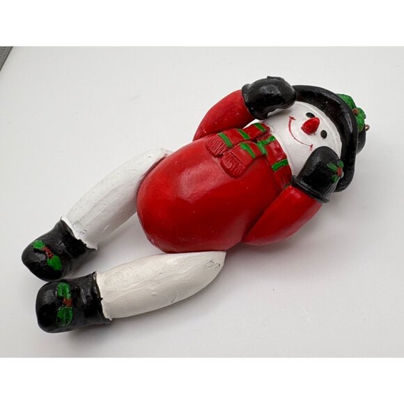 Vintage Jointed Snowman Christmas Tree Ornament Red Outfit Holly Detail - Picture 4 of 6